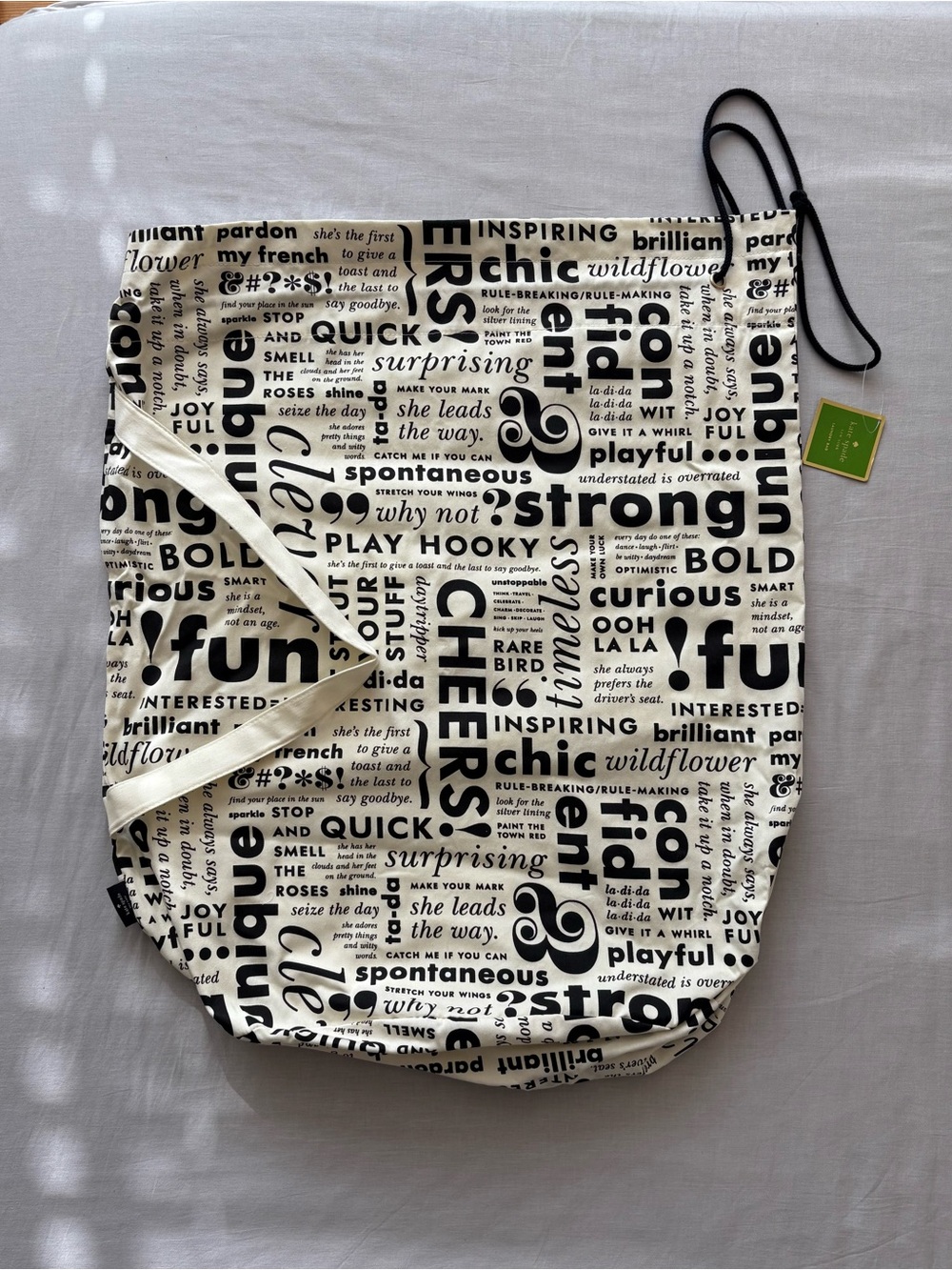 Kate Spade Monochrome Text Print Drawstring Cotton Laundry Bag canvas black